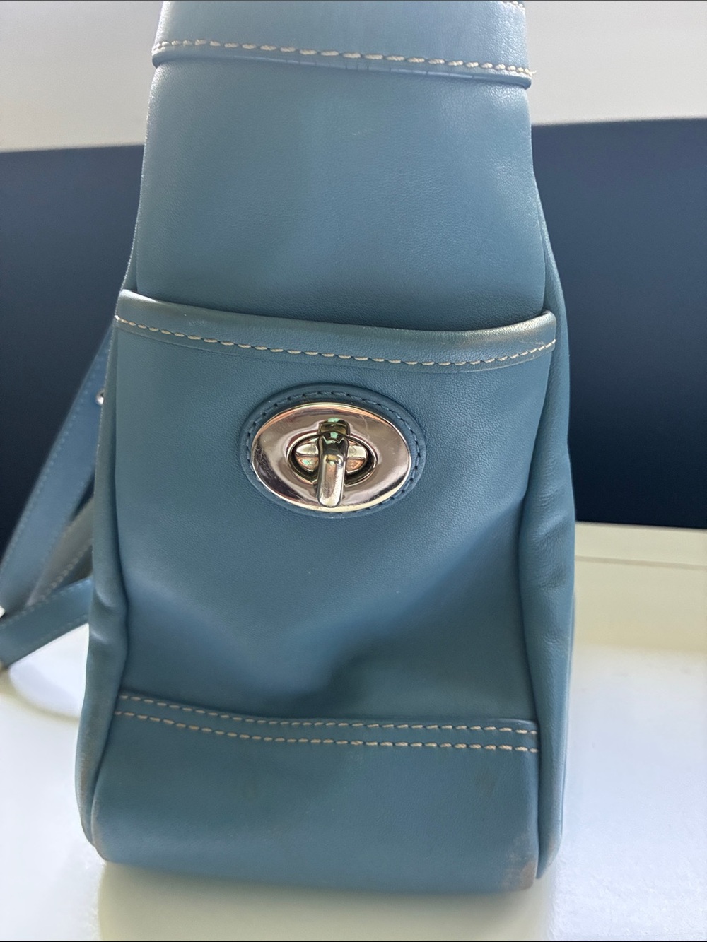 Coach Blue Leather Tote with Silver Coach Charm - Picture 3 of 8